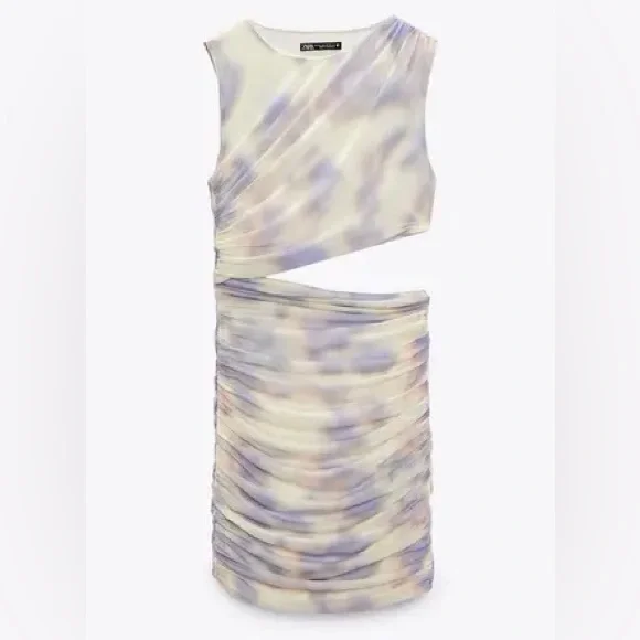 NEW | ZARA MESH PASTEL TIE DYE RUCHED CUT OUT SLEEVELESS MINI DRESS - Picture 2 of 9